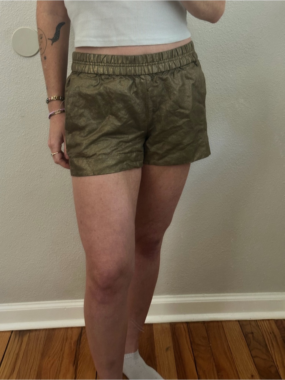 J. Crew Metallic Gold Linen Blend Elastic-Waist Shorts
